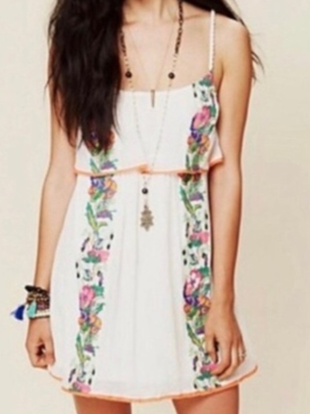 Free People Floral Embroidered Mini Dress Cream Boho Small Hippie Needle Point